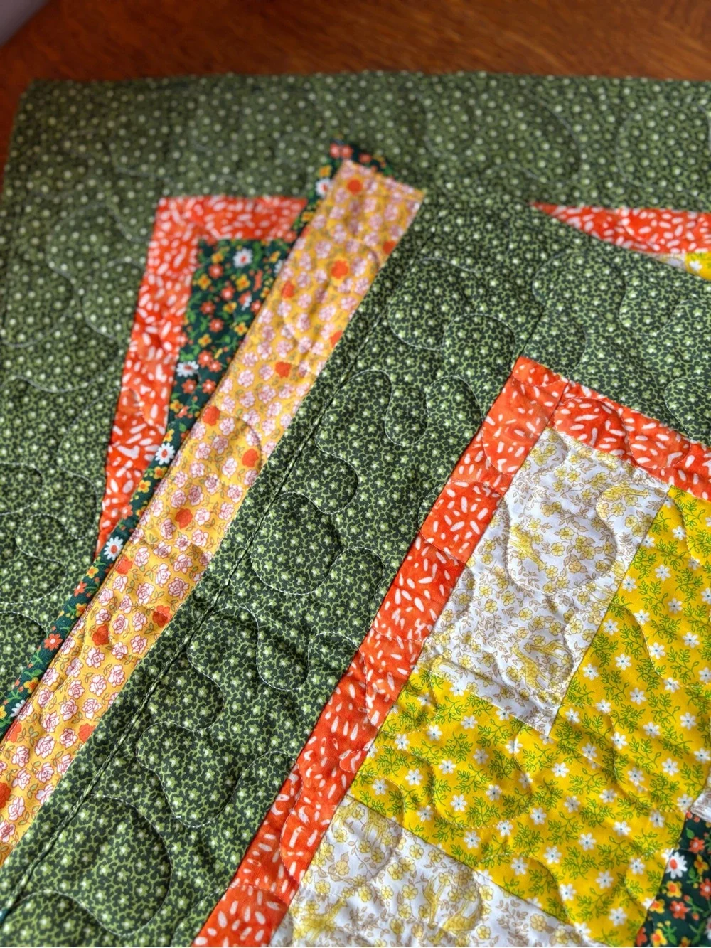 Handmade Yellow Green Patchwork Quilt Orange Floral Vines 36